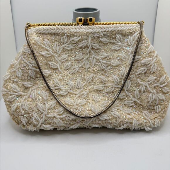 1960s Walborg white beaded clutch purse with gold tone metal top!